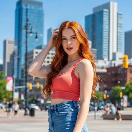 Confident Young Woman with Fiery Red Hair | Vibrant Cityscape Backdrop