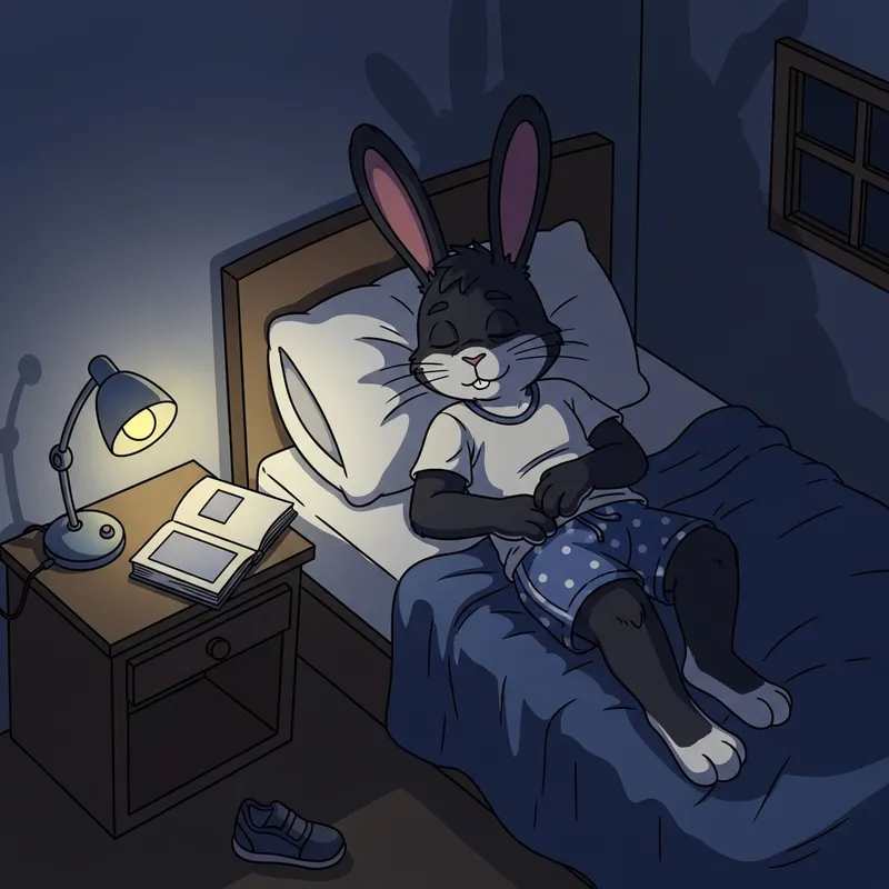 Anthropomorphic Black Rabbit Sleeping in Modest Underwear