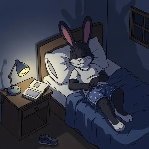 Anthropomorphic Black Rabbit Sleeping in Modest Sleepwear