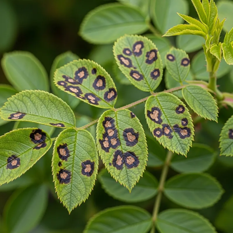 Stunning Botanical Study of Vibrant Rose Bush with Black Spot Fungi | Macro Photography