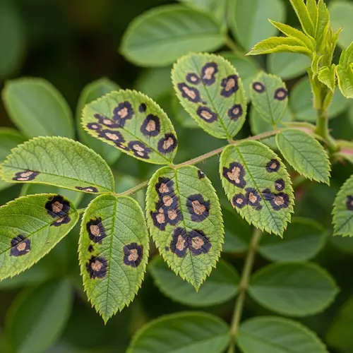 Vibrant Rose Bush with Black Spot Fungi Details | Botanical Beauty