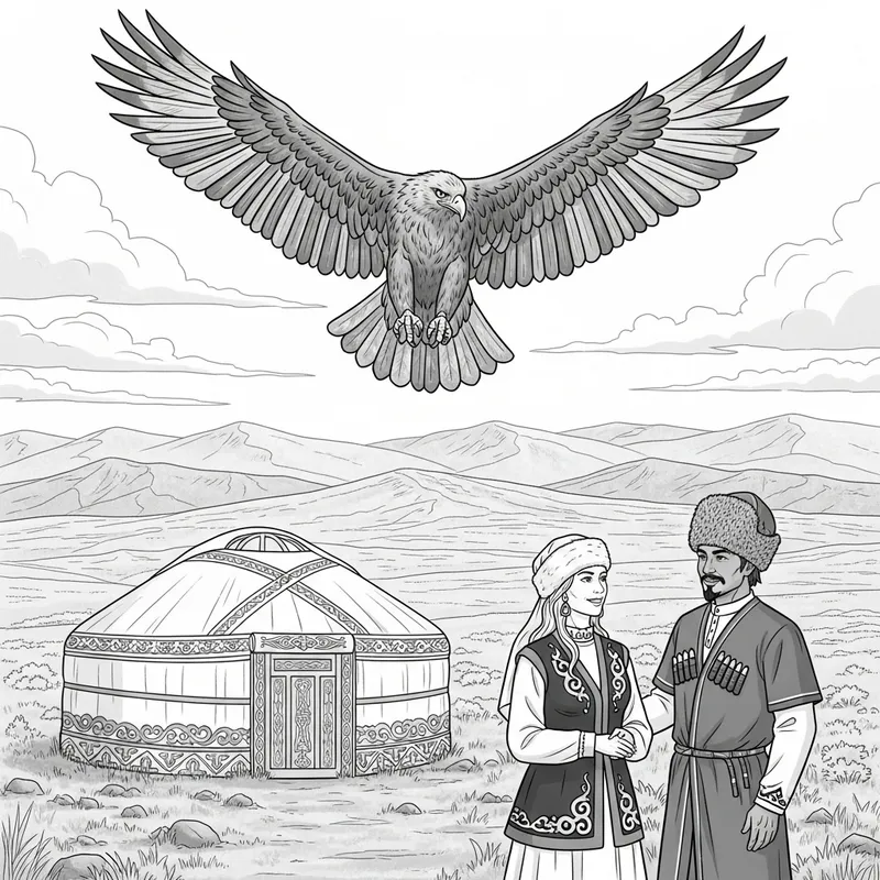 Monochrome Drawing of Tranquil Scene with Yurt and Steppe Eagle