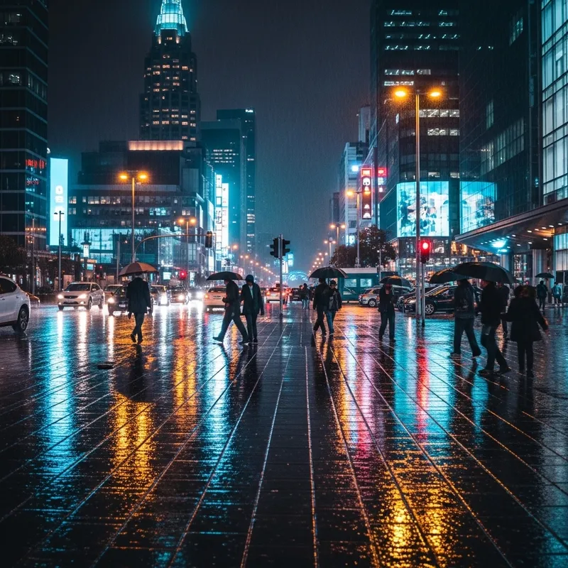 City Night Center in Rain: Vibrant Lights & Colors City Night Center in Rain: Vibrant Lights & Colors