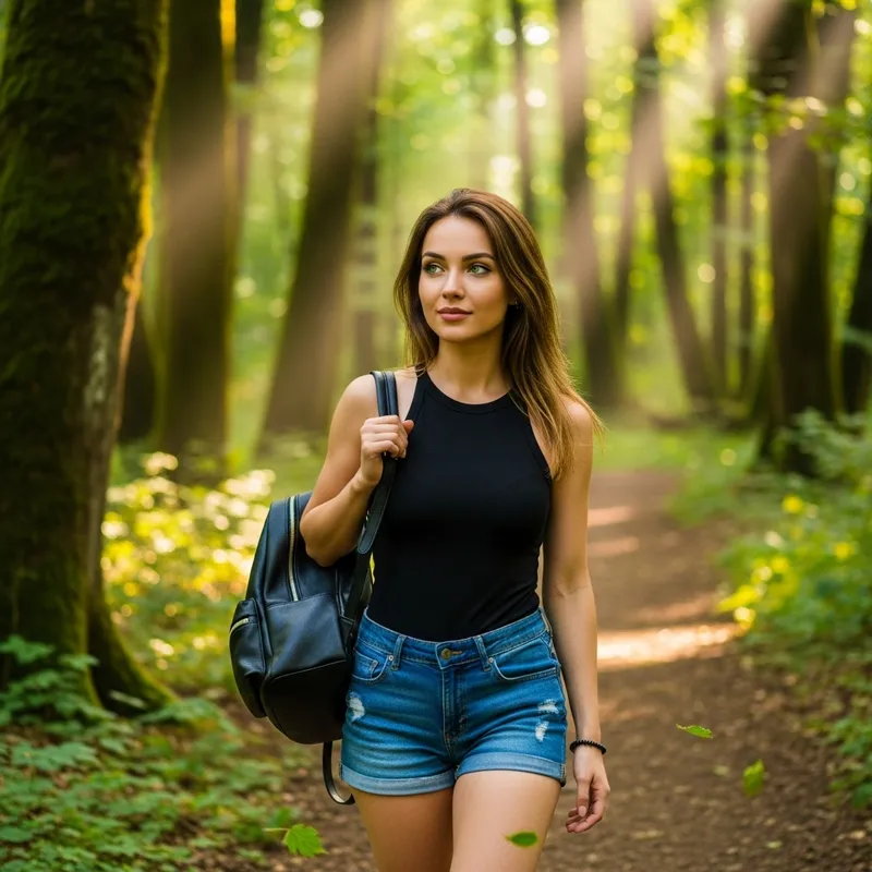 Girl with Green Eyes and Light Brown Hair in Forest Wearing Black Tank Top and Blue Denim Shorts Girl with Green Eyes and Light Brown Hair in Forest Wearing Black Tank Top and Blue Denim Shorts