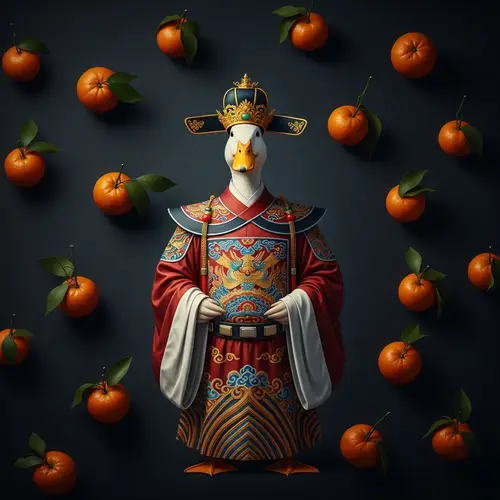 Chinese Emperor Duck Costume with Tangerines Background