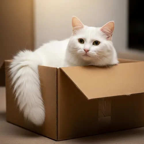 White Fluffy Cat in Cardboard Box - Adorable Feline Comfort