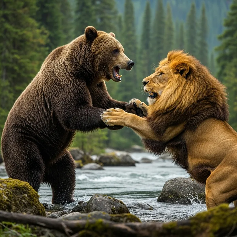 Bear vs Lion: Epic Battle - Wild Scene in Lush Forest