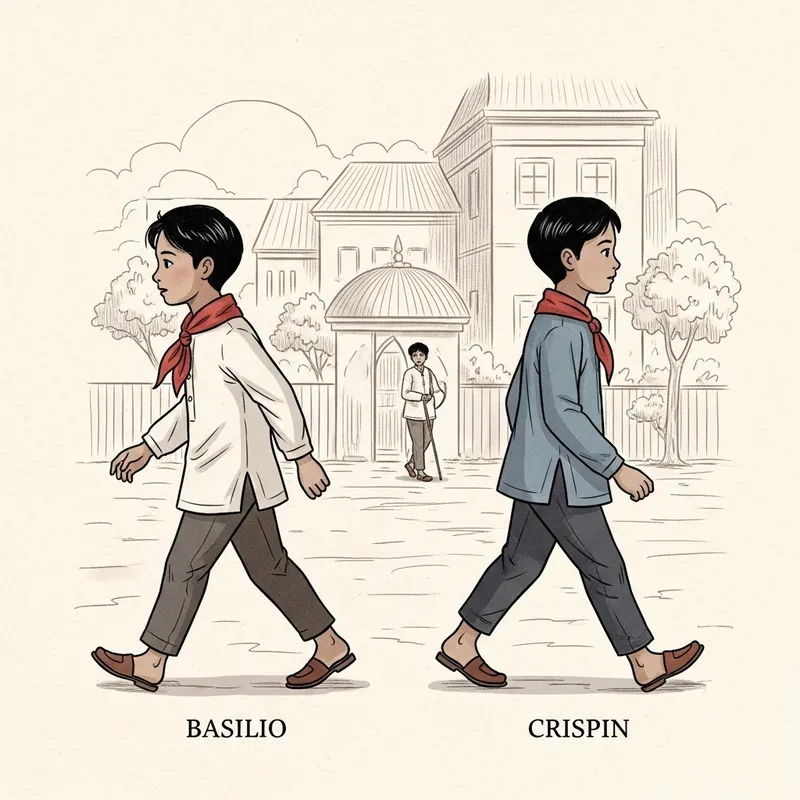 Basilio and Crispin Walking Opposite in 'Noli Me Tangere'