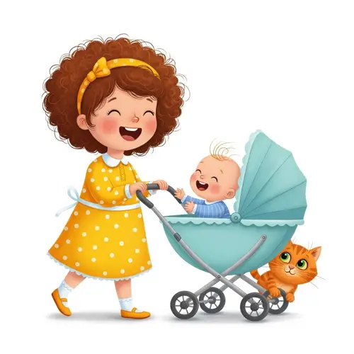 Cheerful Caucasian Girl Pushing Stroller with Baby Boy and Cat