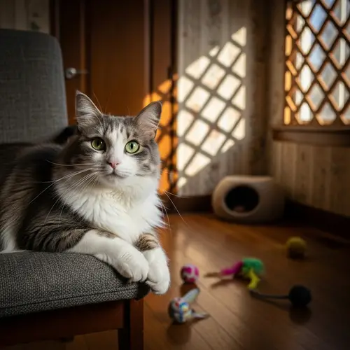 Cozy Grey and White Domestic Cat Lounging on Cushioned Chair