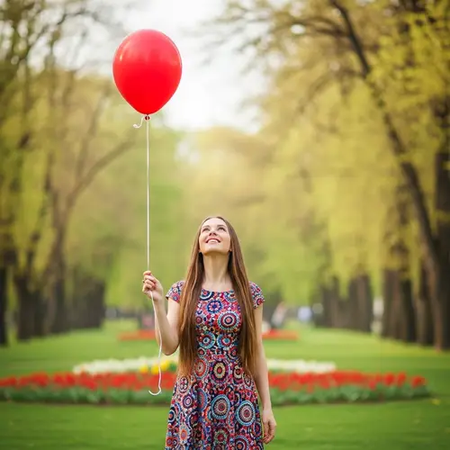 Happy Girl with Red Balloon in a Colorful Park