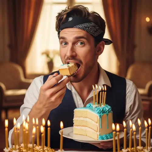 Dapper Man Enjoying Three-Layered Vanilla Cake with Blue Frosting
