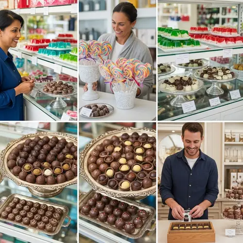 Artisanal Candy Store with Vintage Car-shaped Gelatin Candies & Gourmet Lollipops