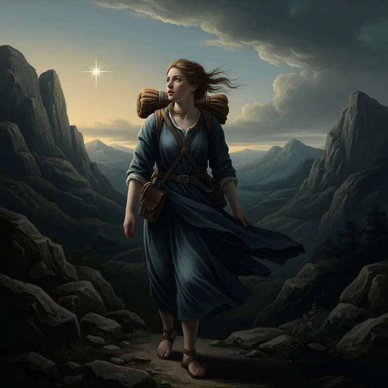 Bedraggled Woman Trekking in Baroque Mountain Scenery