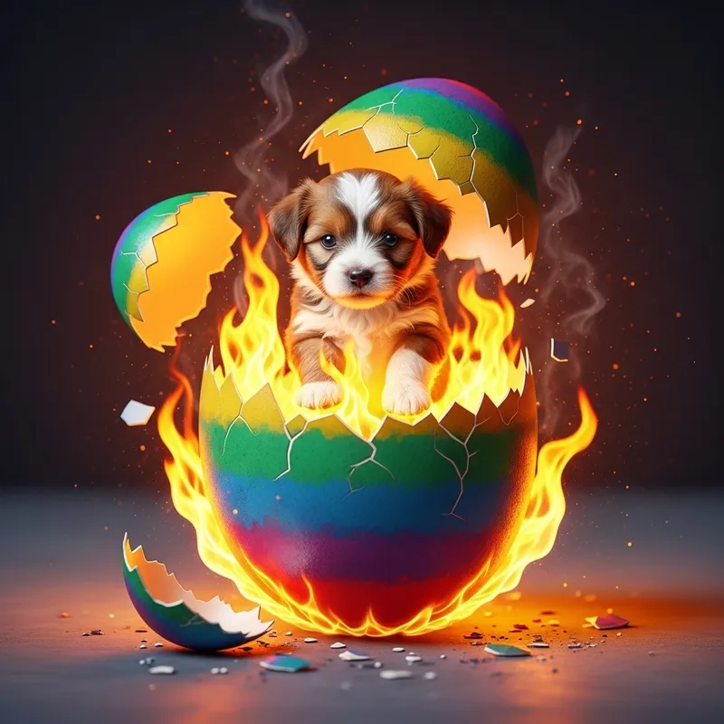 Rainbow Egg Burst: Puppy Emerges in Fiery Color