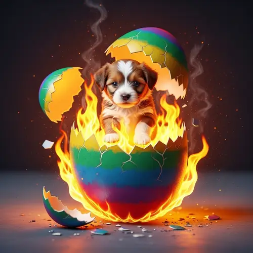 Rainbow Egg Hatch: Fiery Spectacle with Fluffy Puppy Emergence