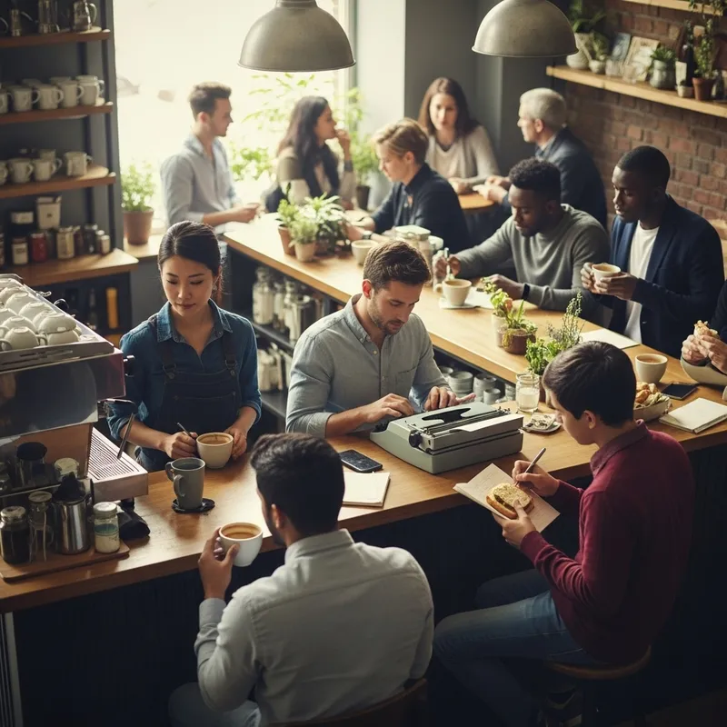 Vibrant Café Scene with Diverse Customers Starwriting Vibrant Café Scene with Diverse Customers Starwriting