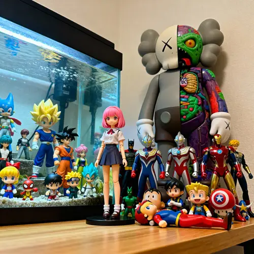 Vibrant Aquarium with Anime Characters & Action Figures