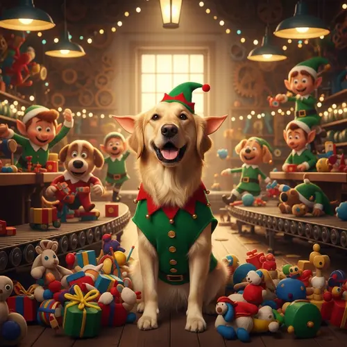 Dog Elf Costume in Santa's Toy Factory - Fun and Friendly Image