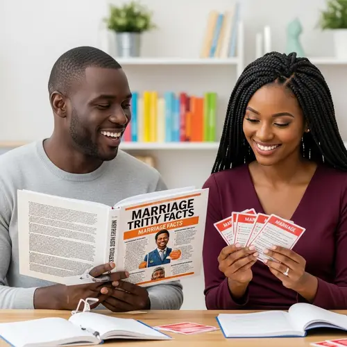 Happy Black Engaged Couple Preparing for Marriage Knowledge Contest