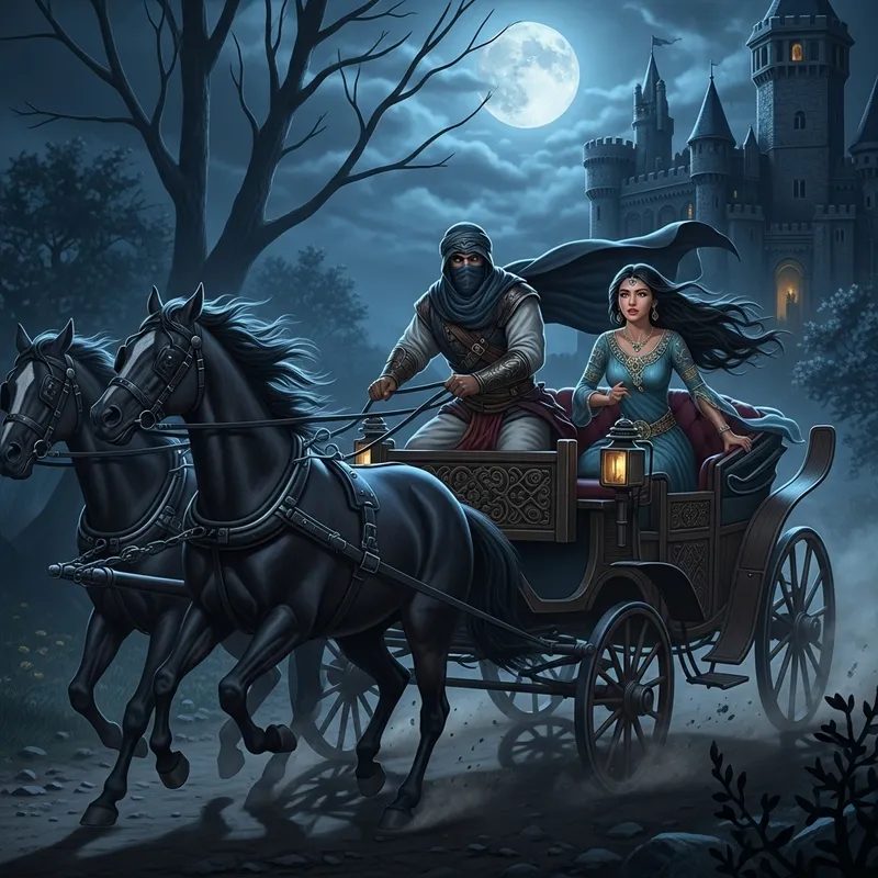 Medieval Gladiator and Princess Escape on Horse Carriage