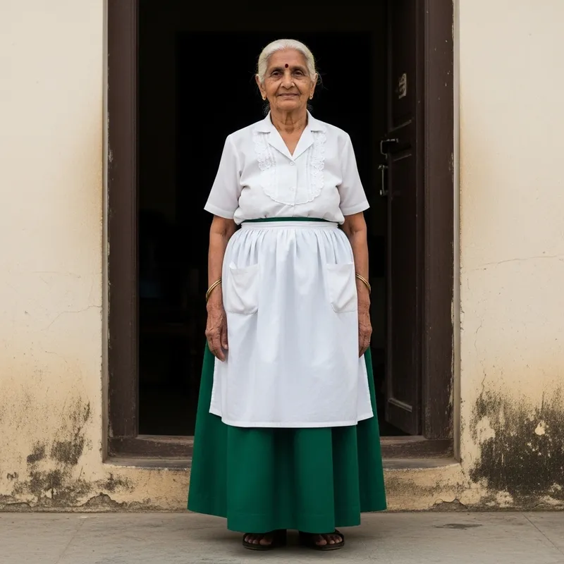 South Asian Grandmother in Green Skirt with White Apron