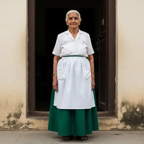 South Asian Grandmother in Emerald Green Skirt and White Blouse