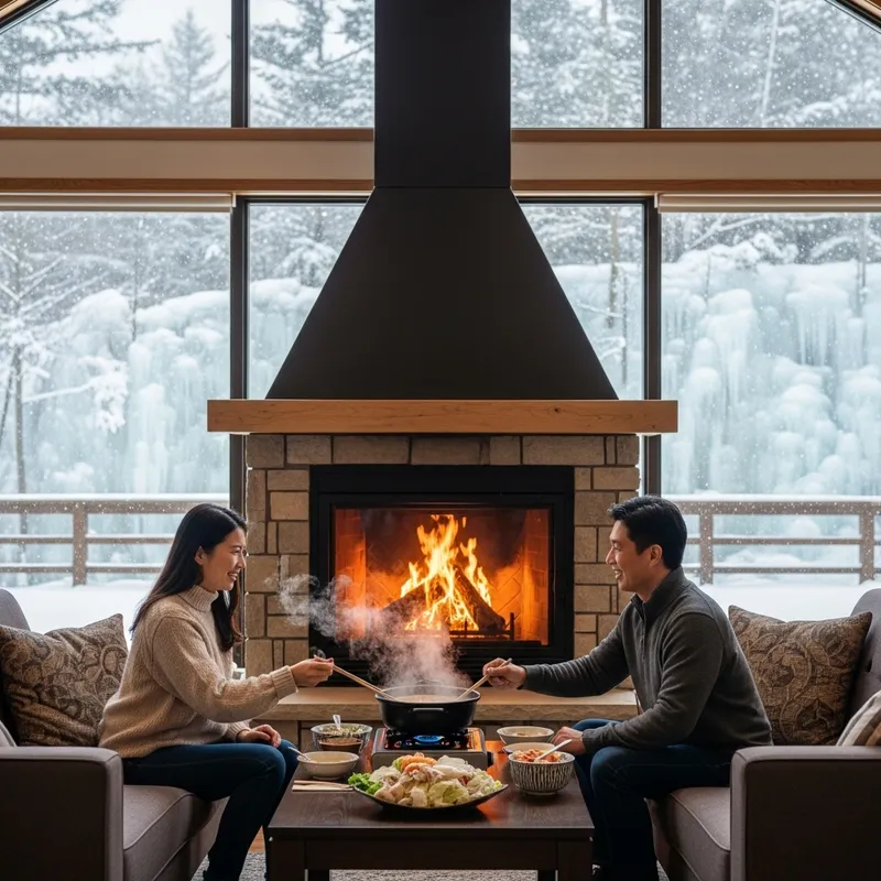 Cozy Winter Guesthouse Living Room with Fireplace and Hot Pot Scene
