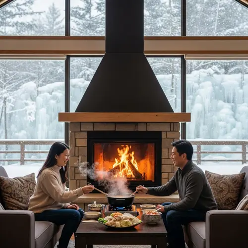 Cozy Guest House Living Room with Fireplace and Hot Pot Scene