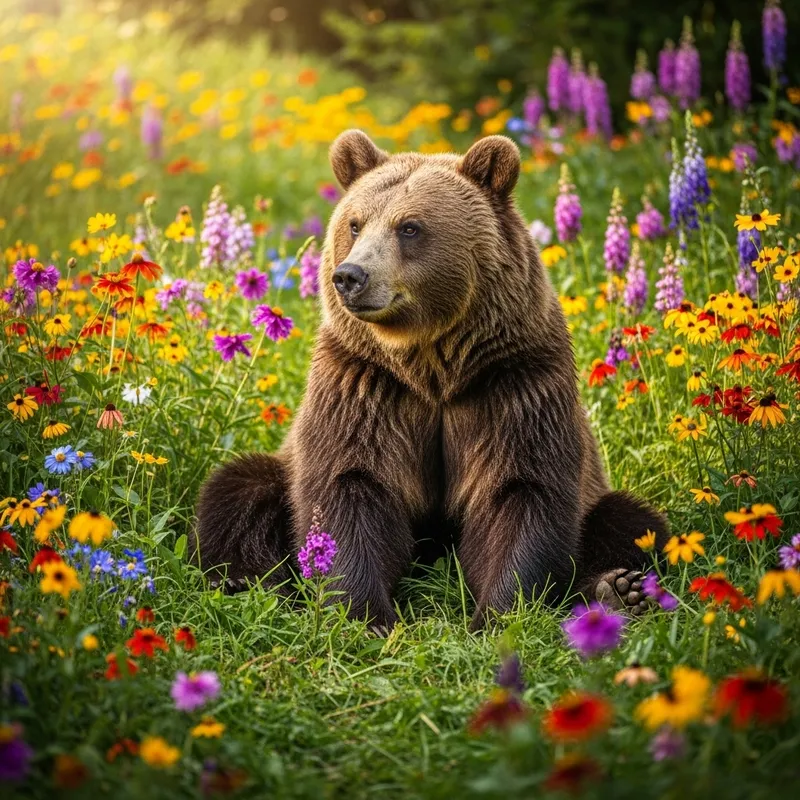 Peaceful Bear in Lush Meadow Surrounded by Vibrant Blooming Flowers