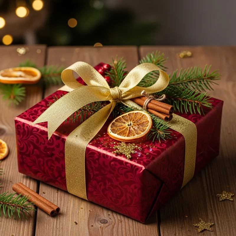 Elegant Christmas Gift Wrapping with Red Damask, Gold Details & Festive Charm Elegant Christmas Gift Wrapping with Red Damask, Gold Details & Festive Charm