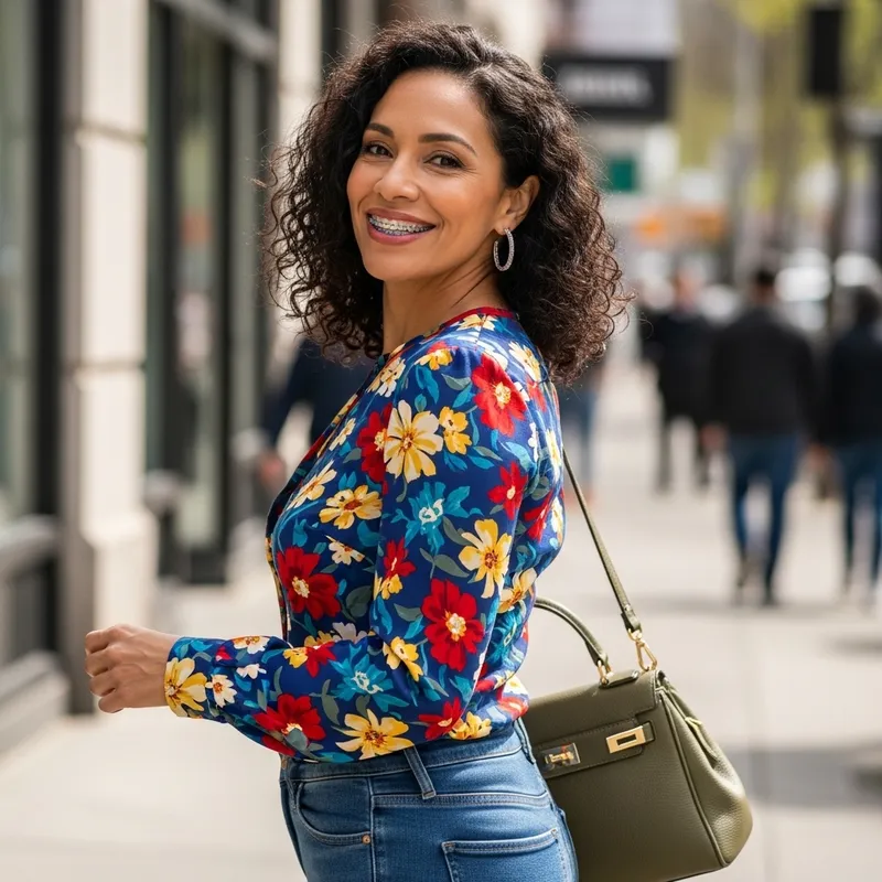 Stylish Milf with Colorful Braces and Confident Smile