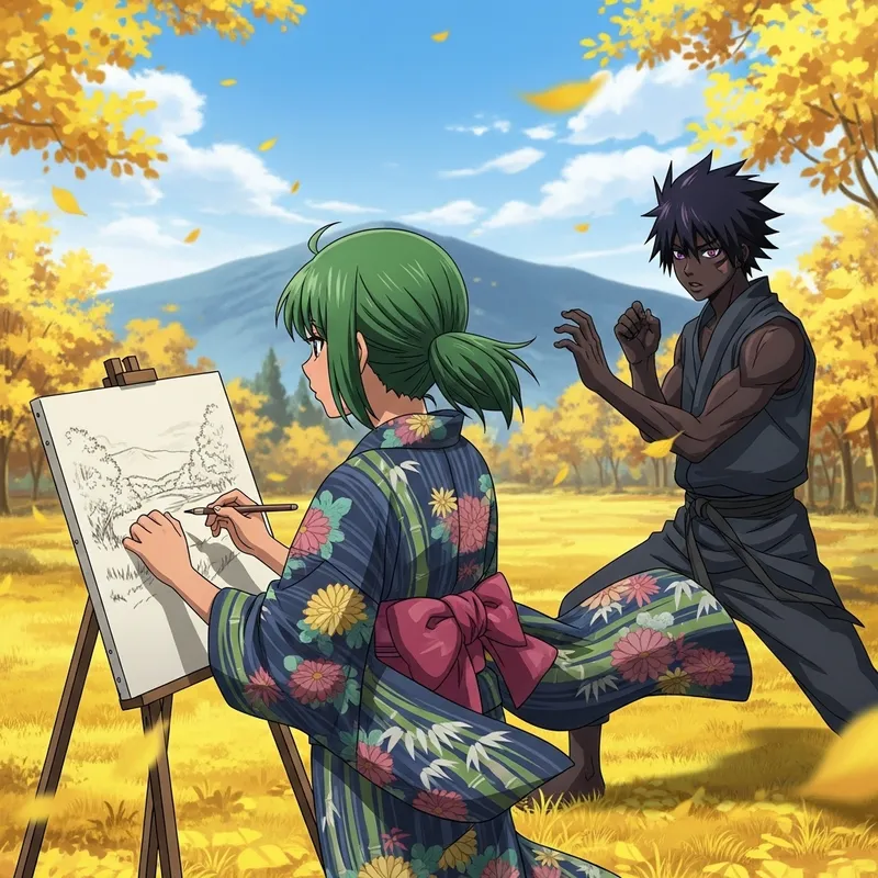 Serene Anime Scene: South Asian Female and Black Male Characters