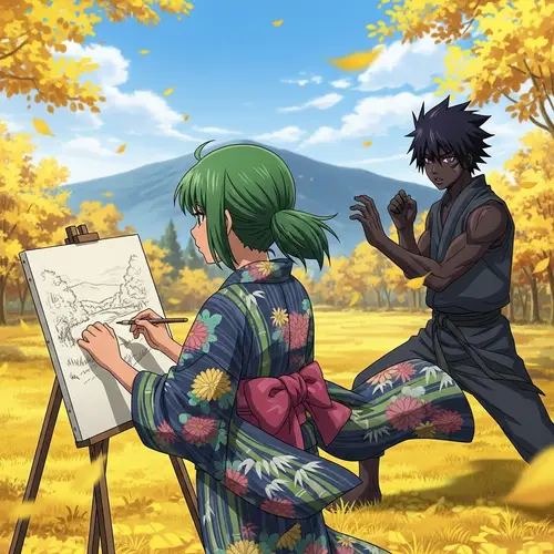 Serene Countryside Anime Scene: South Asian Female and Black Male Characters