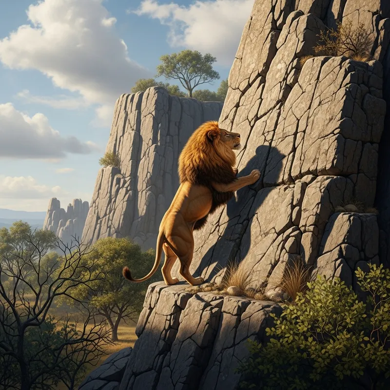 Majestic Lion Climbing a Rocky Cliff Majestic Lion Climbing a Rocky Cliff