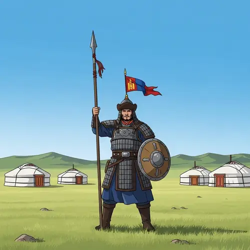 Mongolian Warrior on Steppe: Cartoon Art