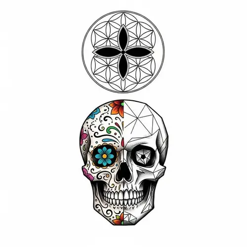 Seed of Life Tattoo with Mexican Sugar Skull & Geometric Skull