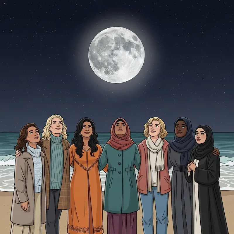 Diverse Group of Women Staring at Moon on Beach