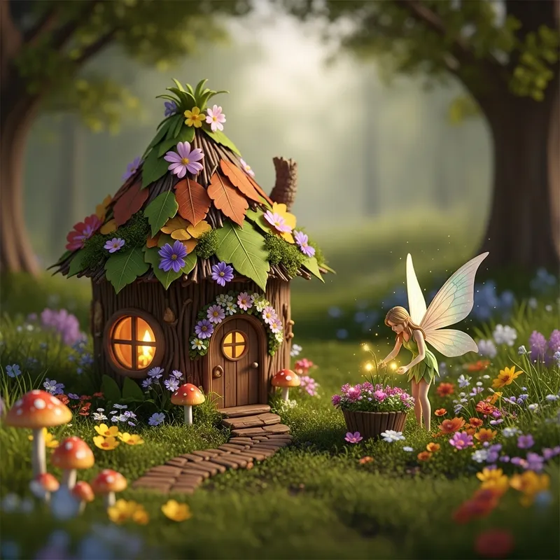Enchanting Fairy House with Fairy, Flowers, and Mushrooms | Realistic Beauty Enchanting Fairy House with Fairy, Flowers, and Mushrooms | Realistic Beauty