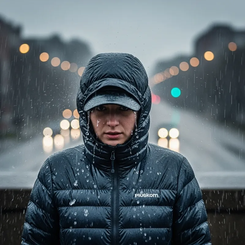 Wet Down Jacket in Rainy Outdoor Scene