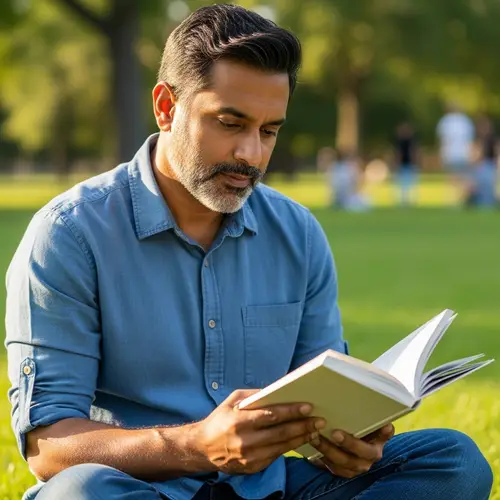 Realistic Front-Face Portrait of Middle-Aged South Asian Man Studying Outdoors