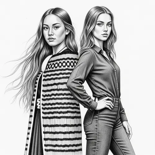 Maori and British Girls Black and White Sketch - Cultural Unity Art