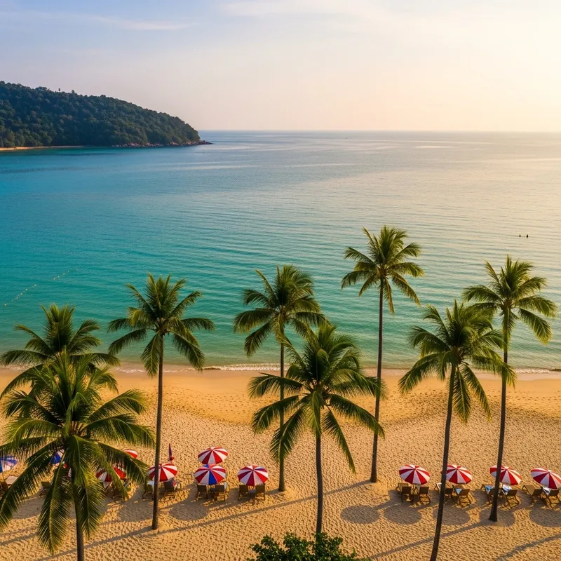 Vibrant Beach Scene in Phuket | Aerial Perspective & Palm Trees