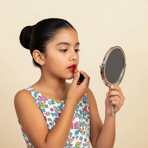 Hispanic Girl Applying Vibrant Red Lipstick