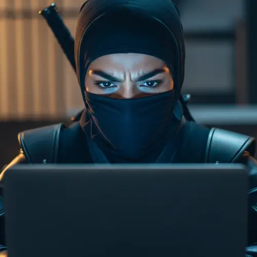 South Asian Female Ninja Working on Laptop