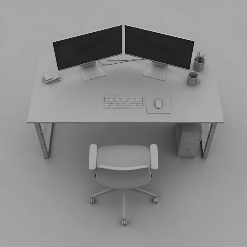 Black and White Workspace Setup with Two Monitors - Top View