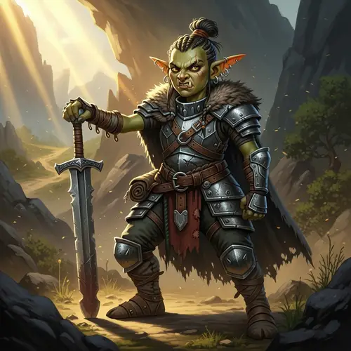 Goblin Girl Leader of Brigands in Heroic Pose and Heavy Armor
