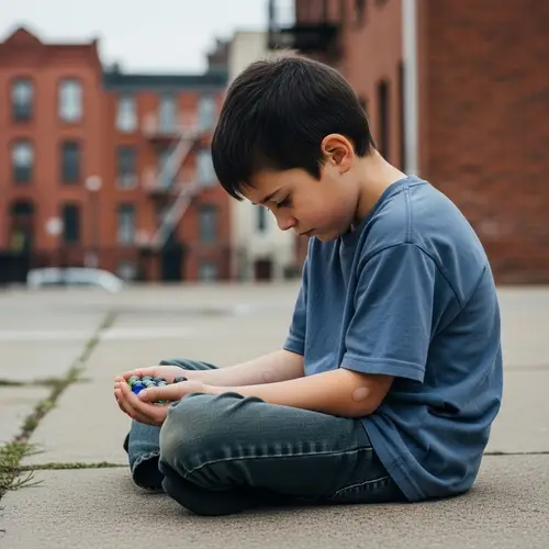 Sad Boy Holding Marbles | Urban Residential Scene Illustration