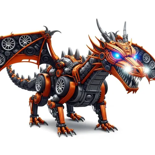 Photorealistic Orange Dragon Made of Car Parts