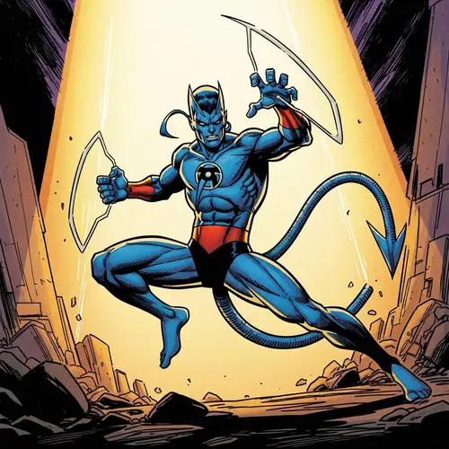 Dynamic Comic-Style Illustration of Blue Skinned Teleporting Figure